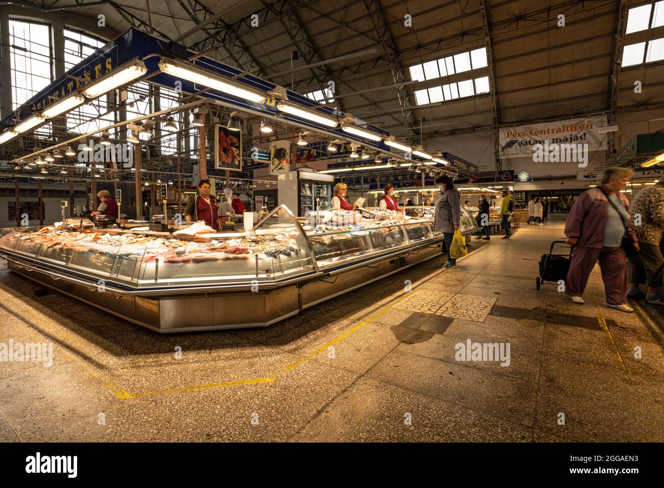 Riga, Latvia. August 2021.  Interior view of the sales counters in the central market in the city center Stock Photo