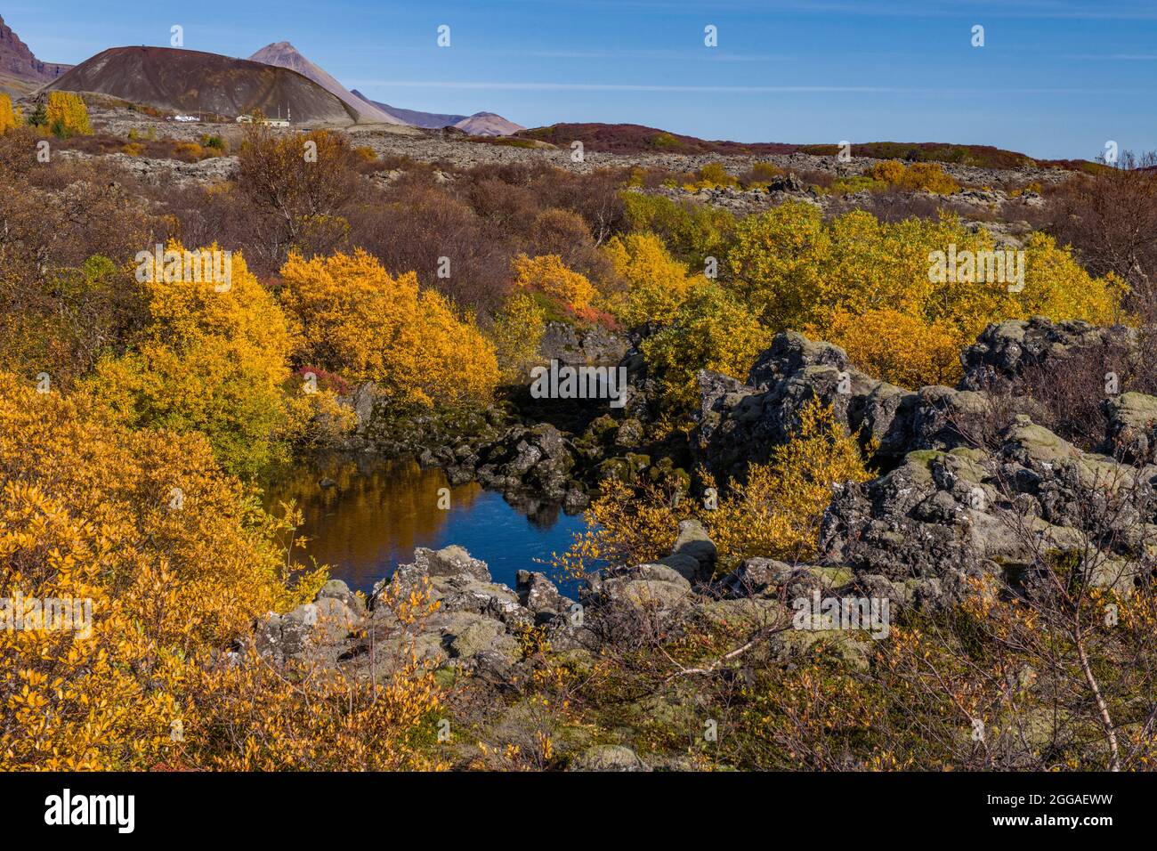 Lava Rocks and blue pools at Bifrost off the A1 road that circumnavigates Iceland - in October Stock Photo
