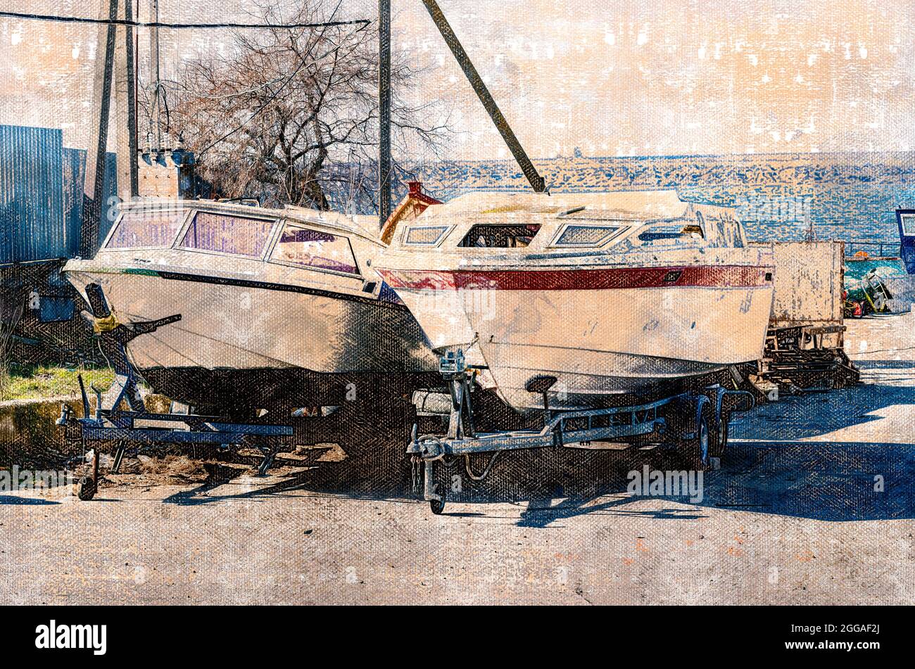 Two motor boats on trailers at parking. Digital watercolor painting. Modern Art Stock Photo Alamy