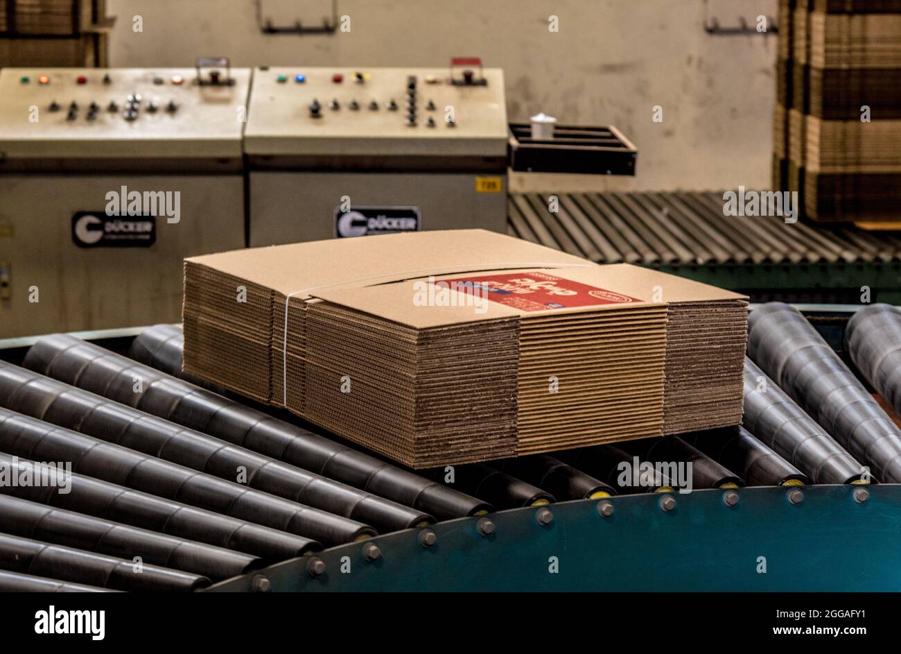 Conveyor belt automation at a corrugated cardboard manufacturing plant