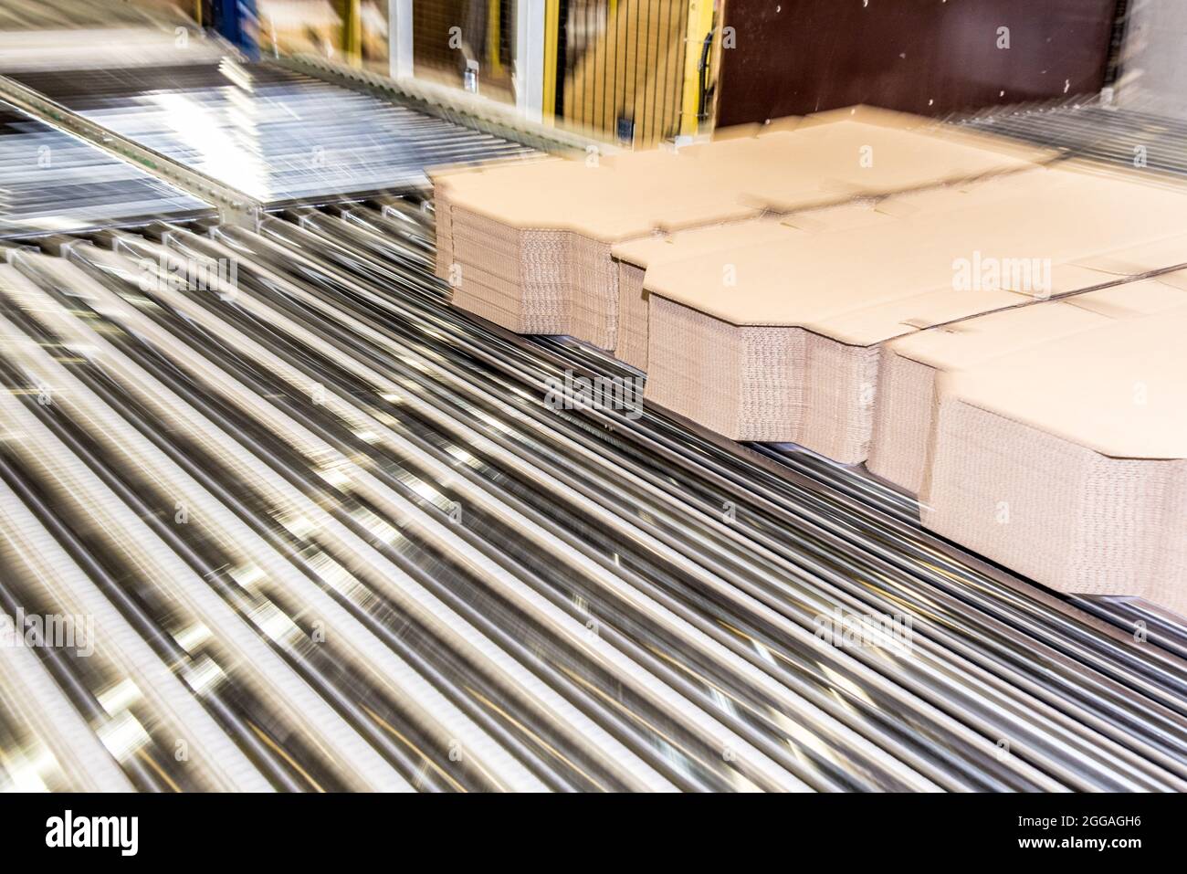 Conveyor belt automation at a corrugated cardboard manufacturing plant Stock Photo
