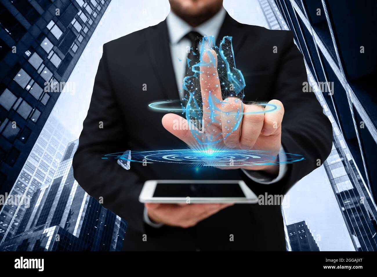 Man In Uniform Standing Holding Tablet And Virtually Tapping Screen. Business Man Carrying Pad Typing And Displaying New Futuristic Technologies. Stock Photo