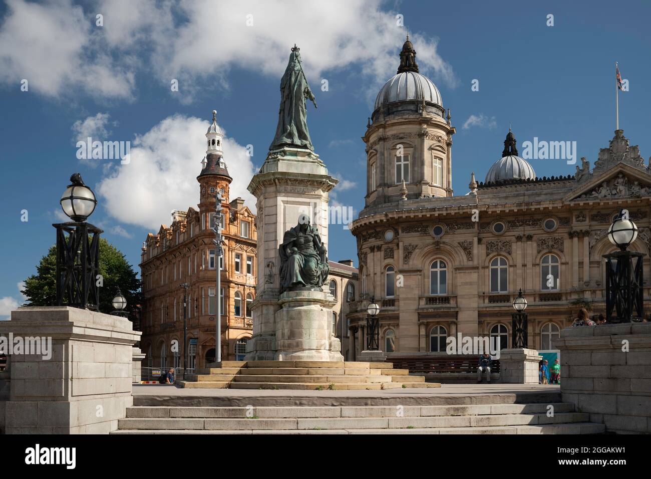 Victoria Square with prominent landmarks such as statues, buildings  and tourist attractions in city centre in Hull, UK. Stock Photo