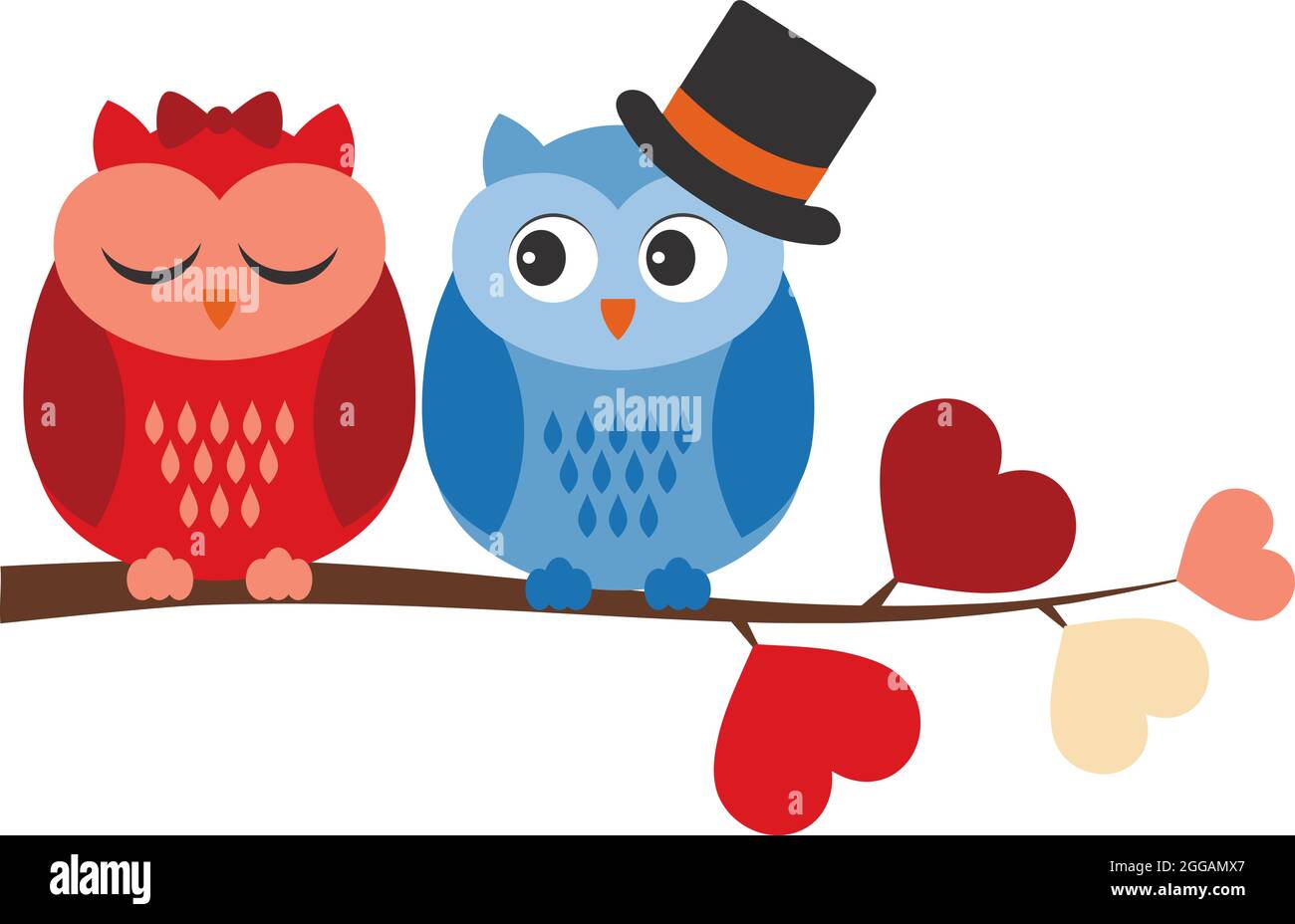 Cute Owls in Love Sitting On Branch with Heart Shaped Leaves. Vector ...