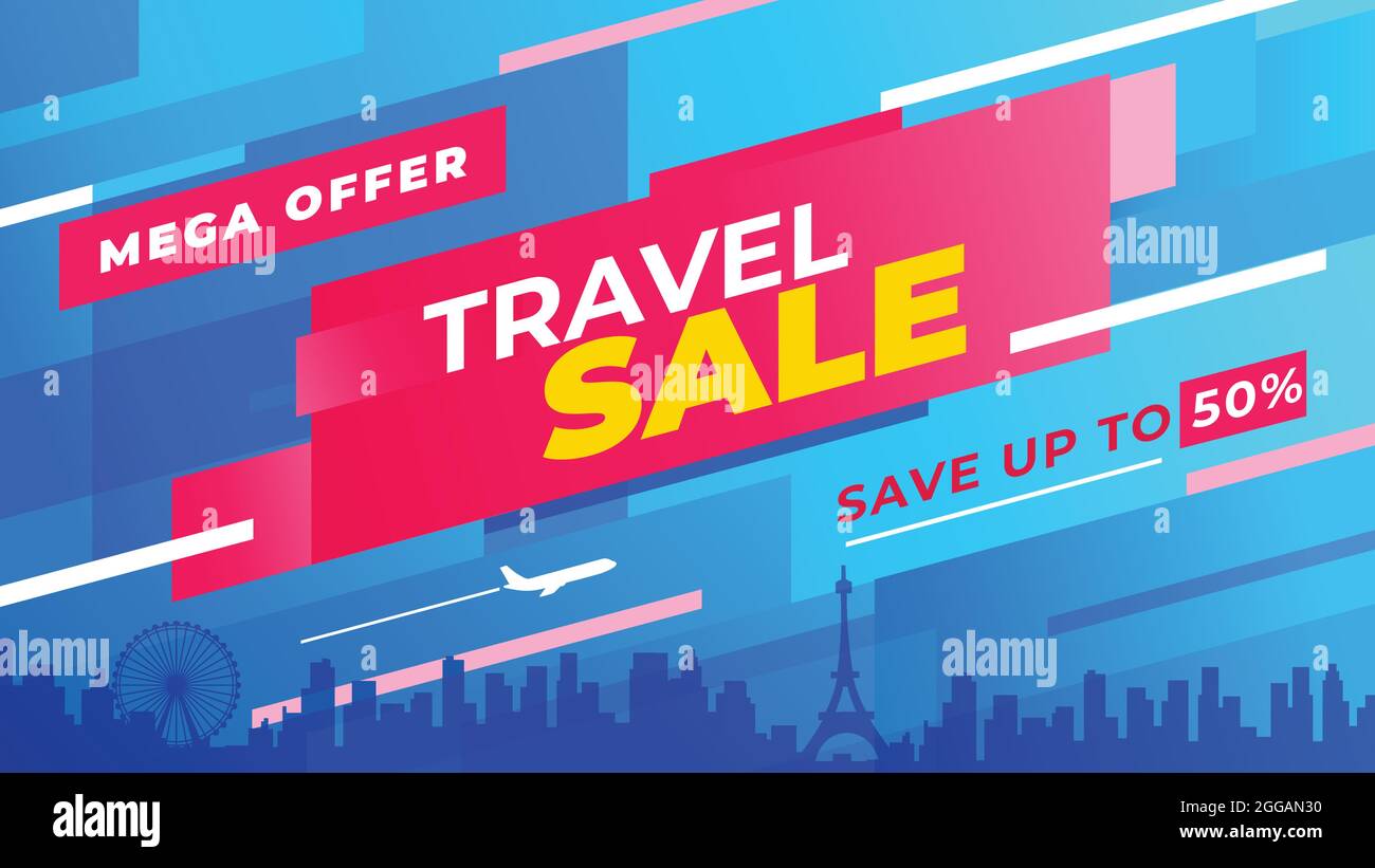 Travel sale Offer. Colorful travel template to use in your design as a flyer, print or banner. Save up to 50% off. Horizontal composition. Stock Vector