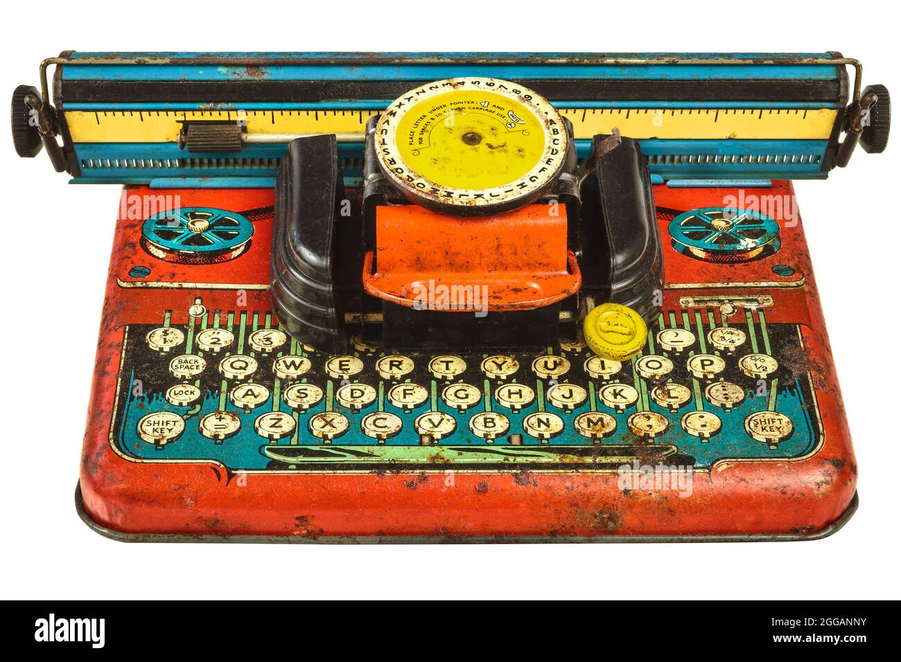 Colorful vintage toy typewriter isolated on a white background Stock Photo