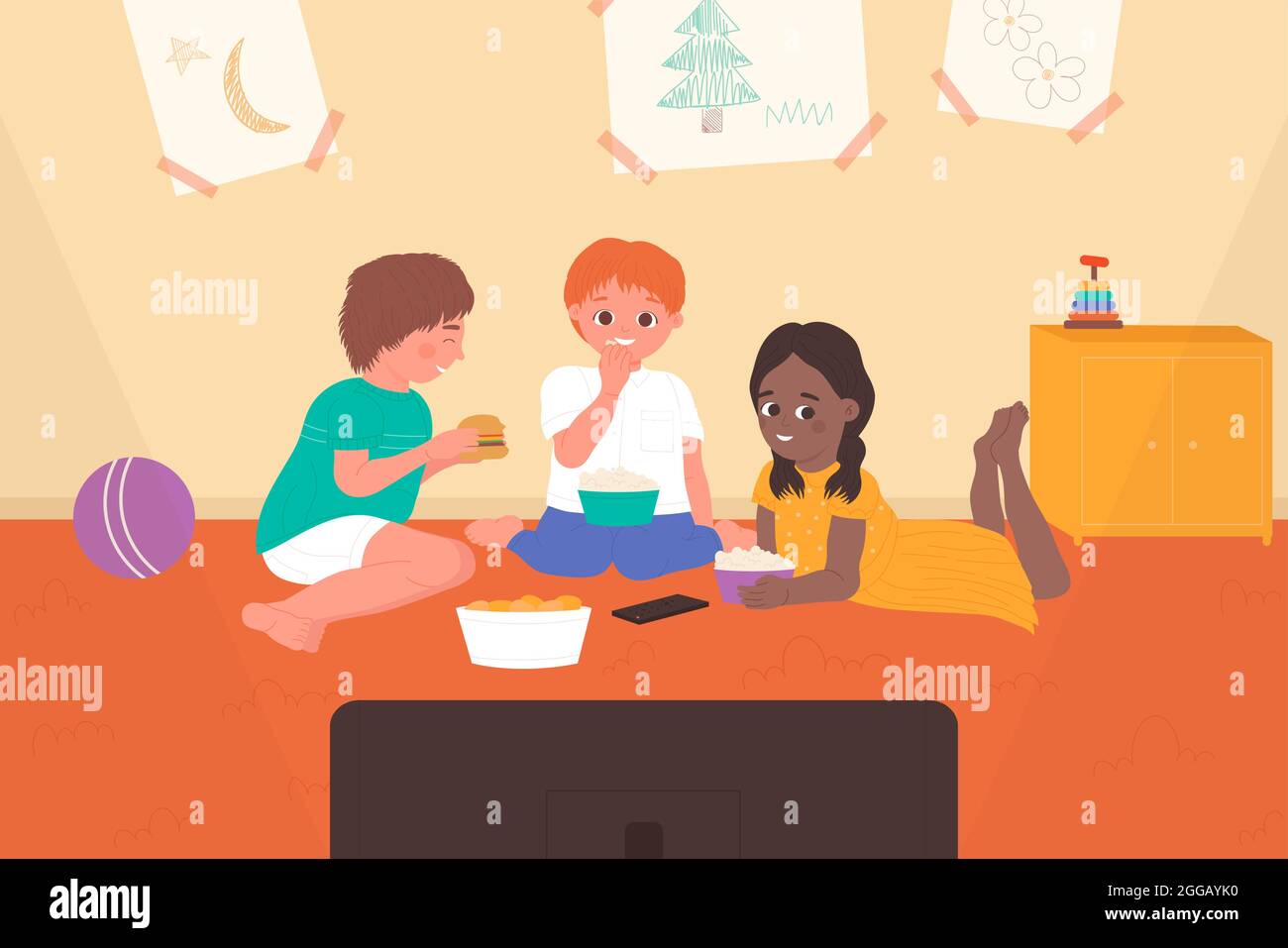 Happy kids watching tv at home vector illustration. Cartoon boy girl child characters have fun, eat burger and popcorn, watch movie video film, sitting on floor together in living room background Stock Vector