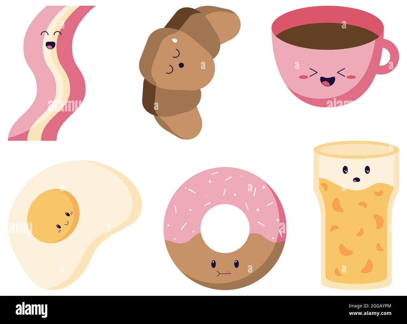 set of delicious food for breakfast in kawaii and hand drawn style. Eggs, coffee, juice, donut, croissant and bacon cartoon characters. Stock Vector