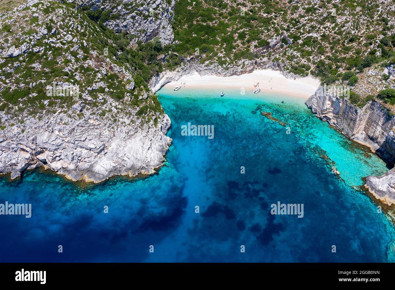 Aerial view of remote beautiful beach in Grama Bay on isolated Karaburun Peninsula, Albania, Europe Stock Photo