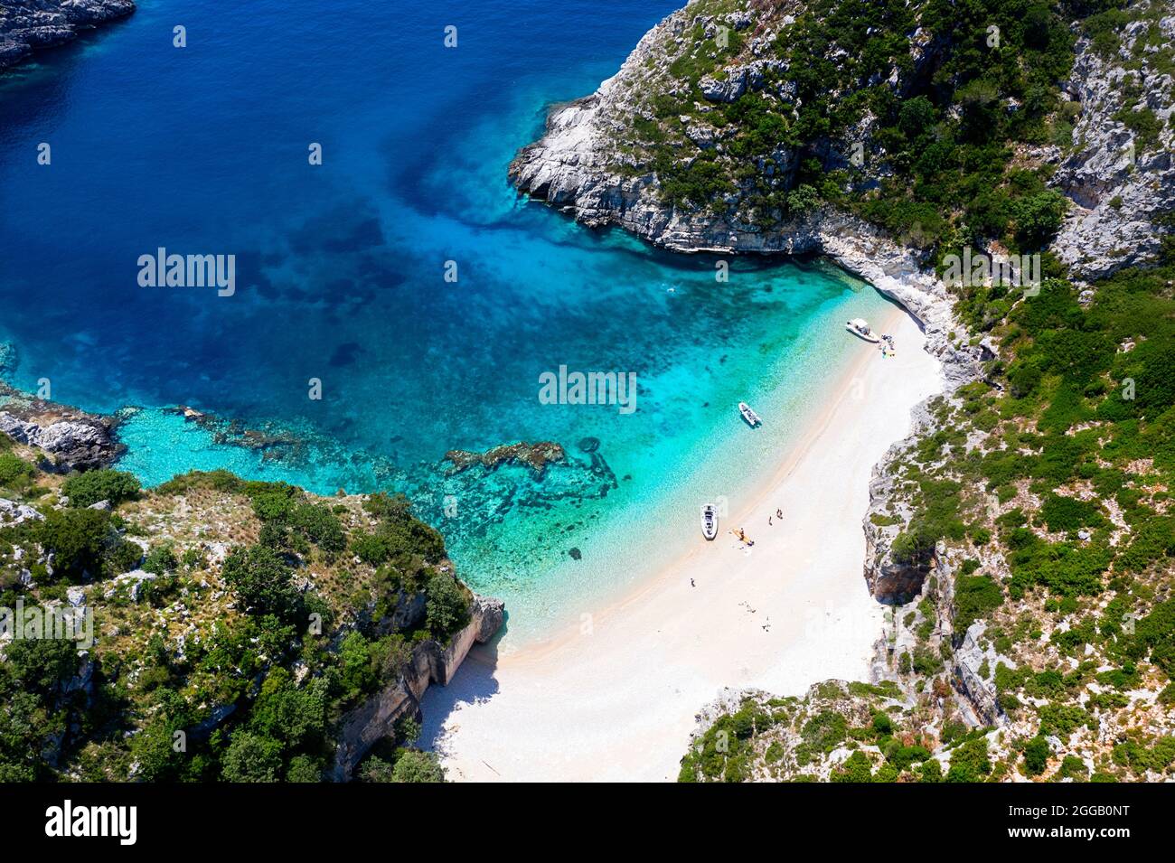 Aerial view of beautiful beach in Grama Bay on isolated Karaburun Peninsula, Albania, Europe Stock Photo
