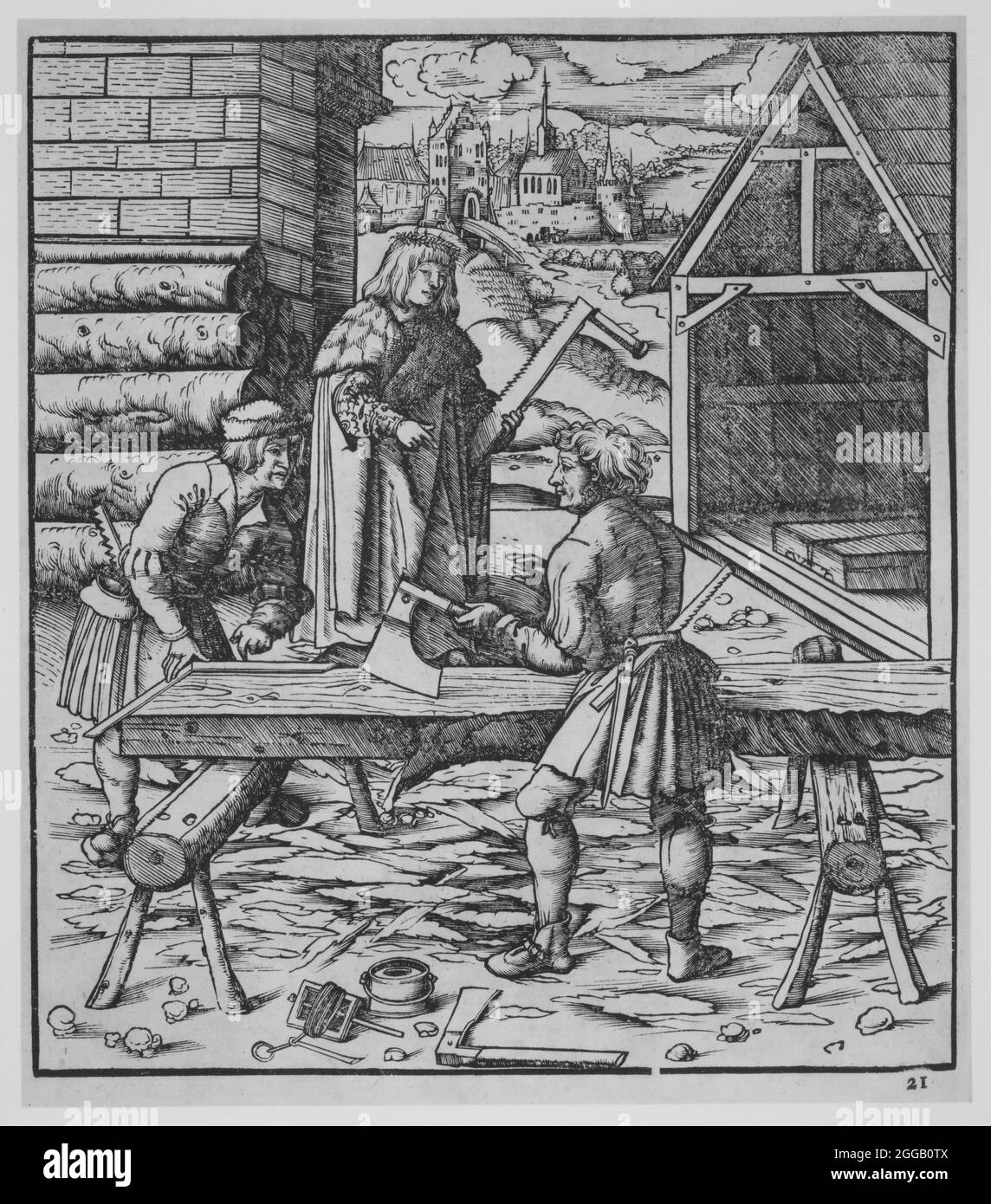 Carpenters, ca.1500. Scene from a 1775 edition of Der Weisskunig or The White King, a chivalric novel written between 1505 and 1516. Stock Photo