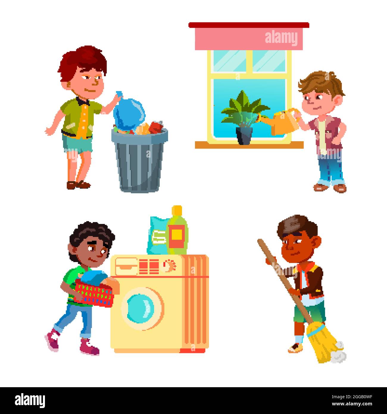 Boys Kids Cleaning And Doing Housework Set Vector Stock Vector Image & Art  - Alamy