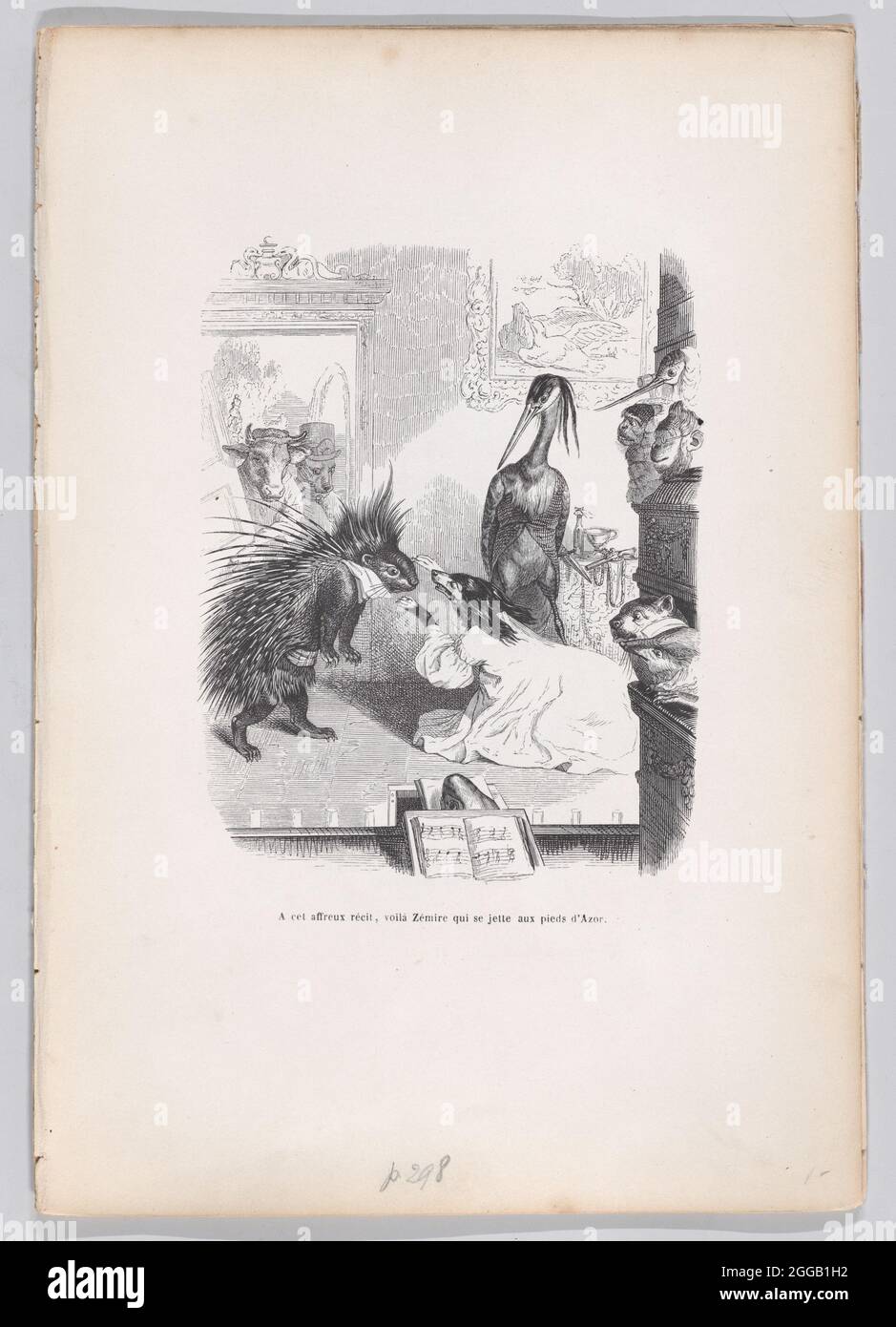 At this frightful story, Zemire throws himself at Azor's feet from Scenes from the Private and Public Life of Animals, ca. 1837-47. Stock Photo