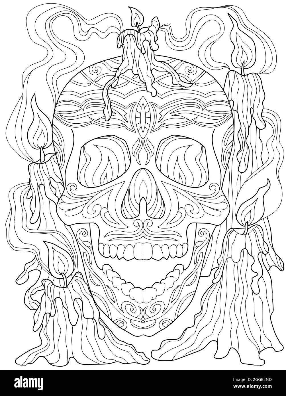 Tattoo Skull Line Drawing Surrounded By Lighted Candles With His Mouth Wide Open. Scary Sceleton Head Drawing Enclosed Burning Torch And Smokey Stock Vector