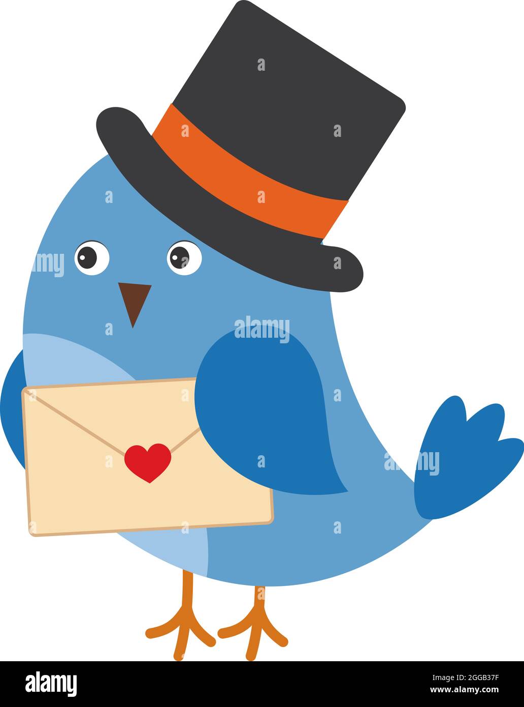 Cute Little Blue Bird Wearing Gentleman's Hat Holding Love Letter . Vector Cute Bird Stock Vector