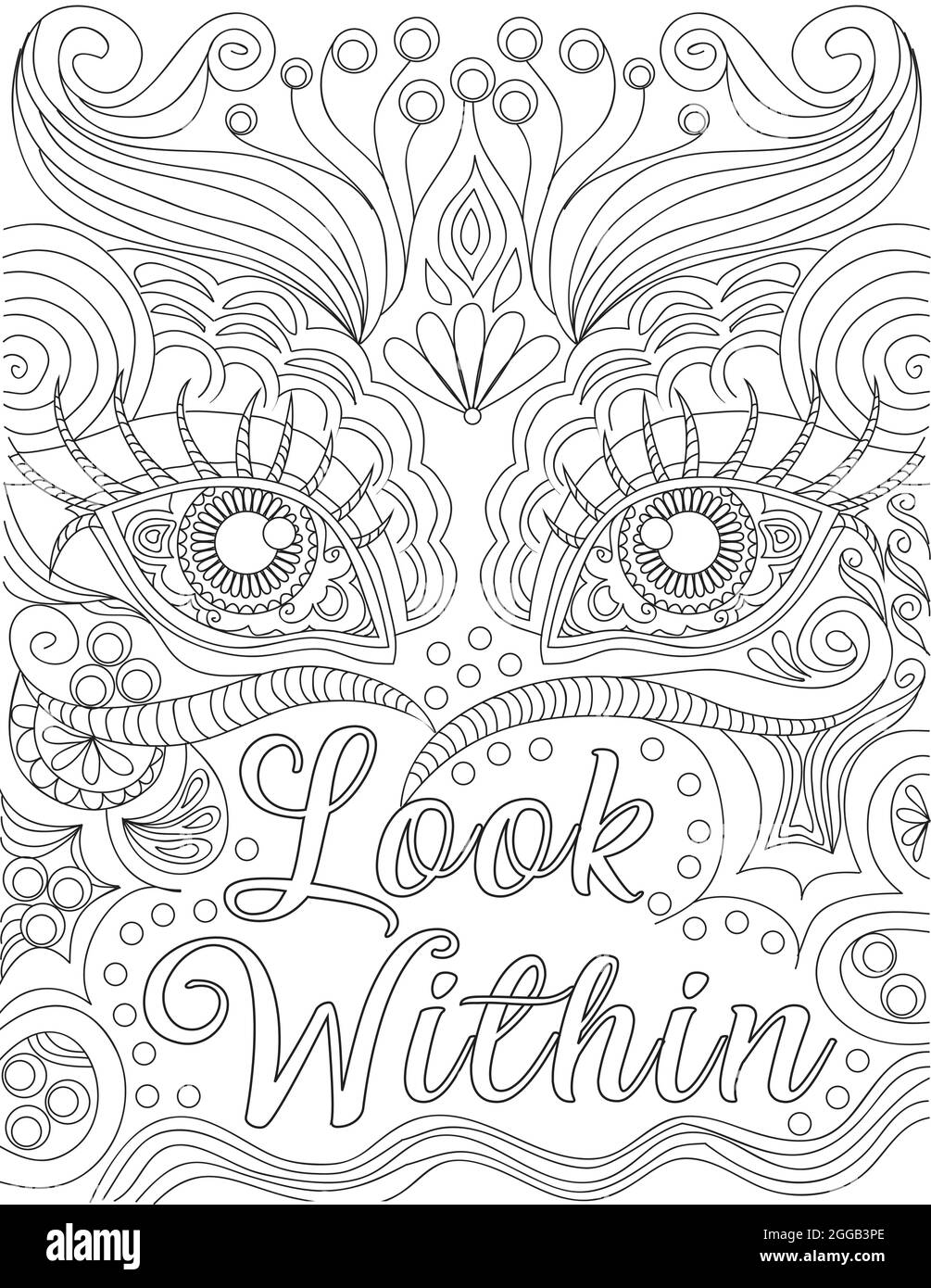 Appealing Eyes Line Drawing Behind The Positive Letter Message Written Look Within. Beautiful Drawing Of Half Face Backside Of Inspirational Vibe Note Stock Vector