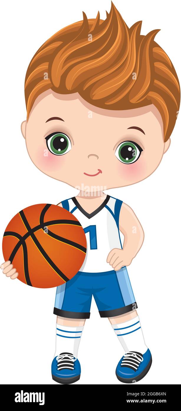 Cute Little Boy Playing Basketball. Vector Little Basketball Player