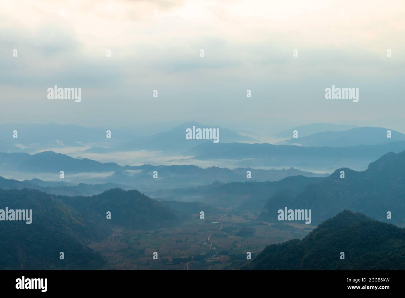 Beautiful scenic of the mountain range in ThaiLaos border on