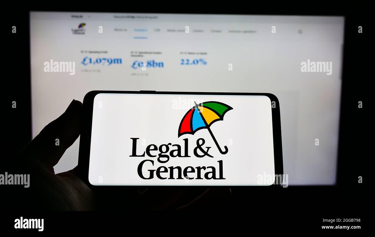 Person holding cellphone with logo of British finance company Legal