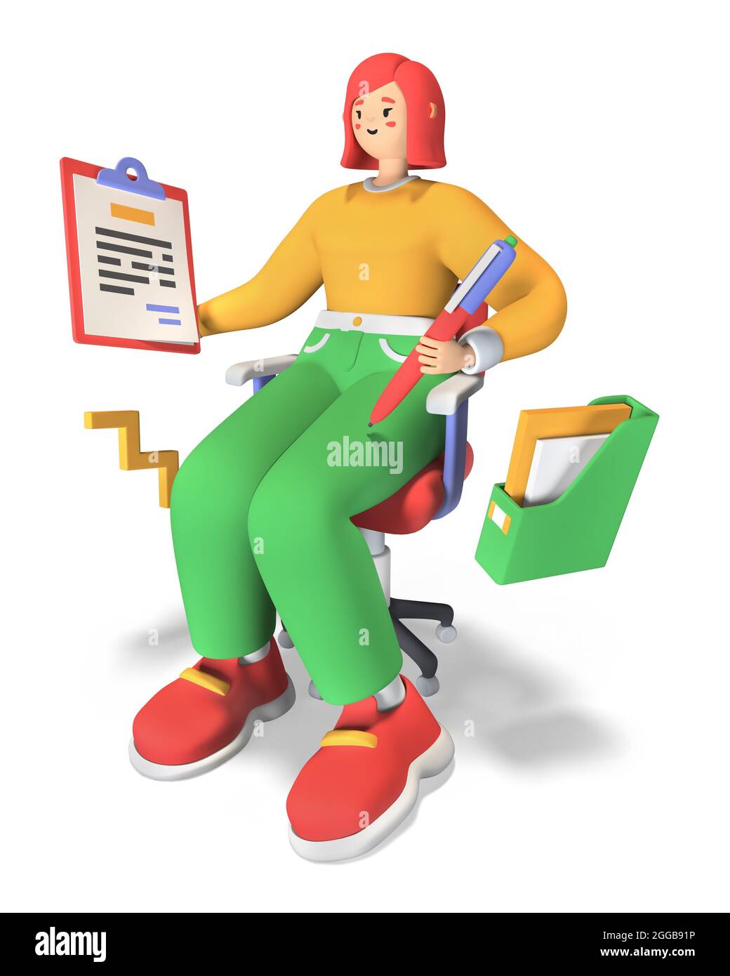 Work and planning - colorful 3D style illustration cartoon style character.  Young girl with red hair sits on a chair and makes notes in a notebook. Em  Stock Photo - Alamy