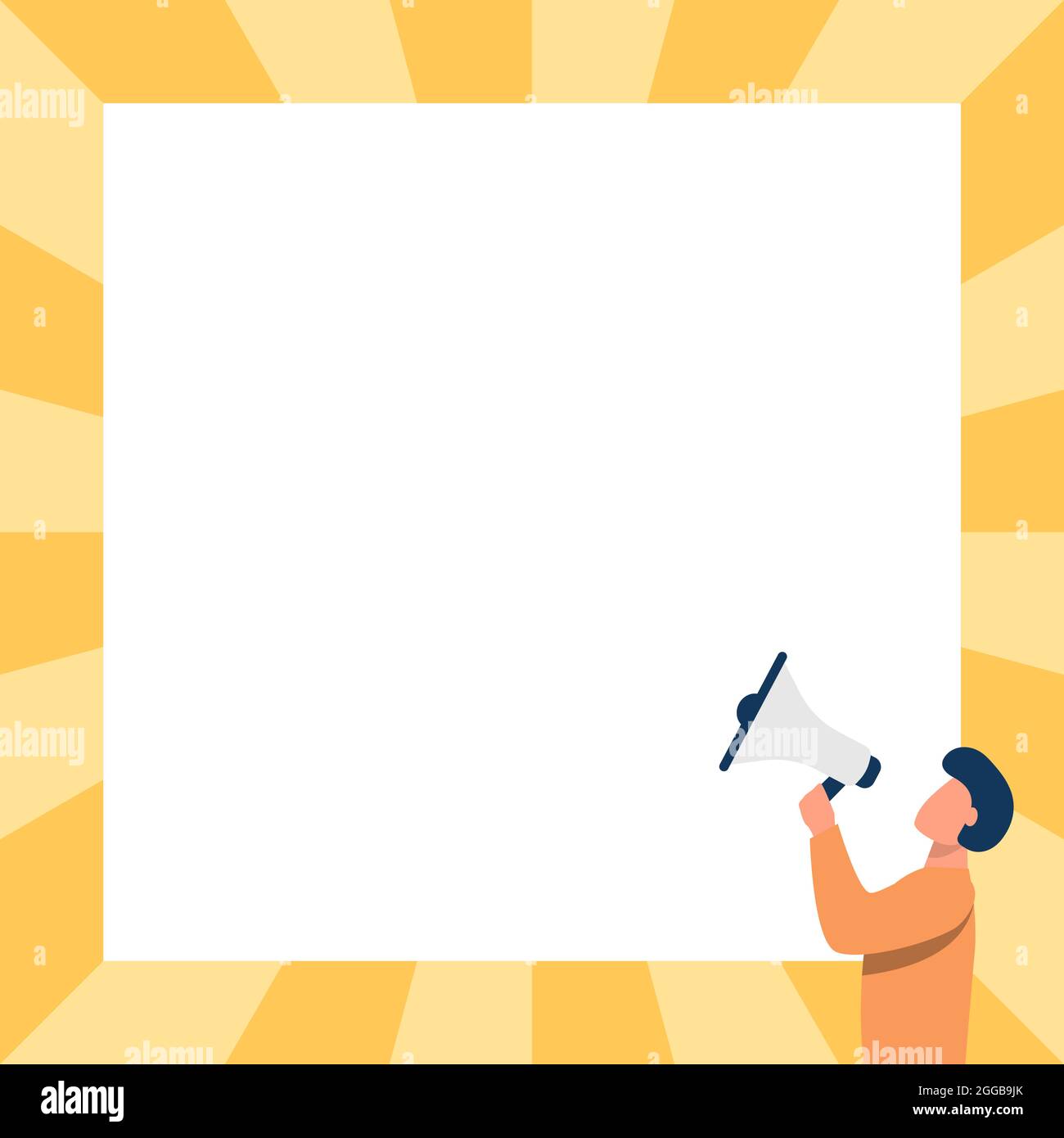 Man Drawing Talking Through Megaphone Making New Announcement Facing Blank Wall. Character