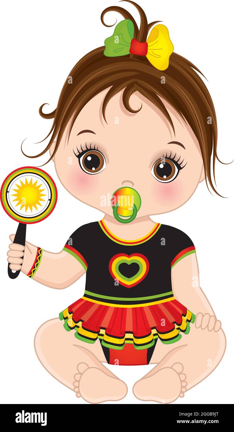 Cute Little Reggae Baby Girl with Pacifier Holding Rattle. Vector