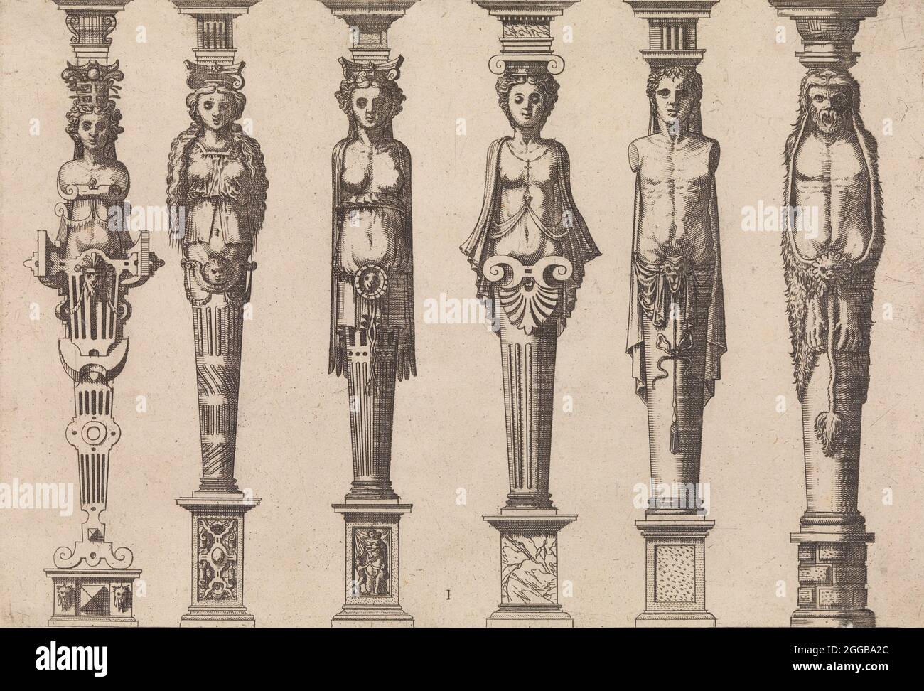 Six herms, four female and two male, with Hercules at far right, ca. 1565. Plate 1, from Caryatidum [...] sive Athlantidum multiformium ad quemlibet Architecture ordinem Accommodatarum centuria prima [...], a work on architectural orders of the 1st century. Stock Photo