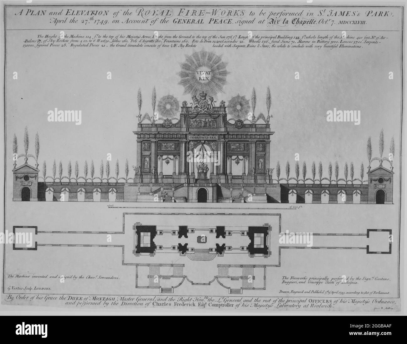 Peace of Aix-la-Chapelle: A Plan and Elevation of the Royal Fire-Works, London, 1749, ca. 1749. A fireworks display, with music specially composed by Handel, was held in St James' Park, London, to celebrate the end of the War of the Austrian Succession and the signing of the Treaty of Aix-la-Chapelle. Stock Photo