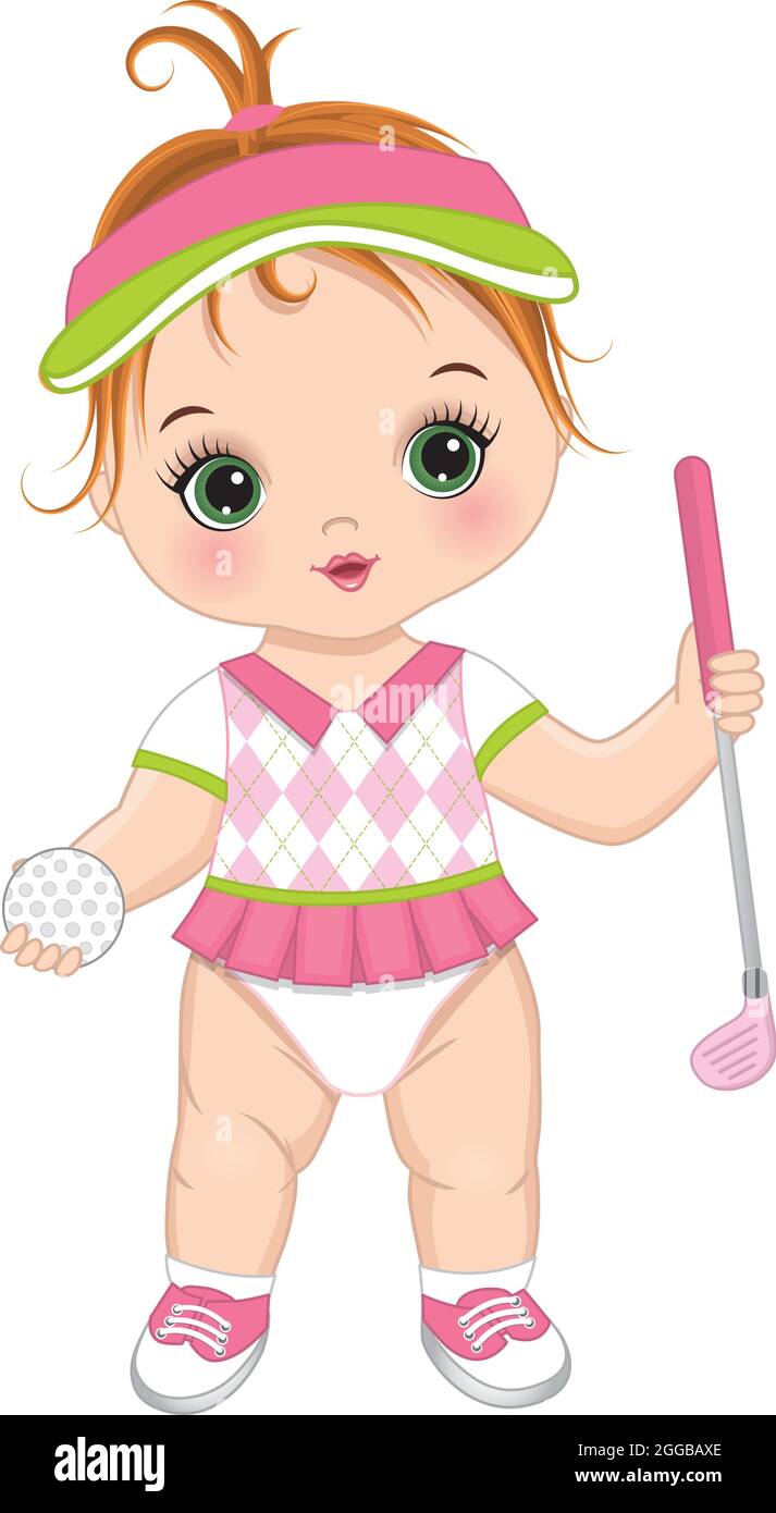 Vector Cute Baby Girl Holding Golf Club and Ball. Vector Golfer Girl