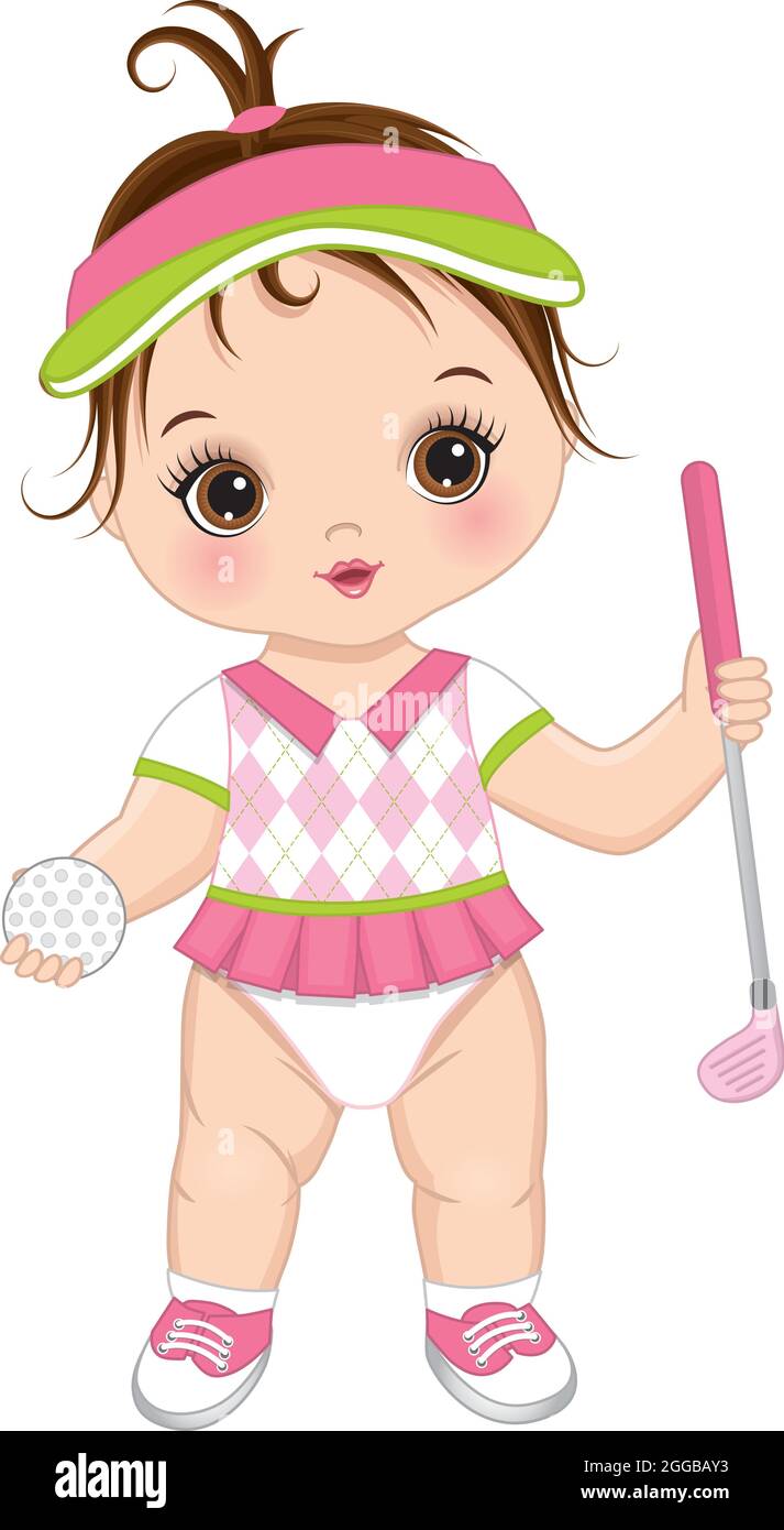 Vector Cute Baby Girl Holding Golf Club and Ball. Vector Golfer Girl