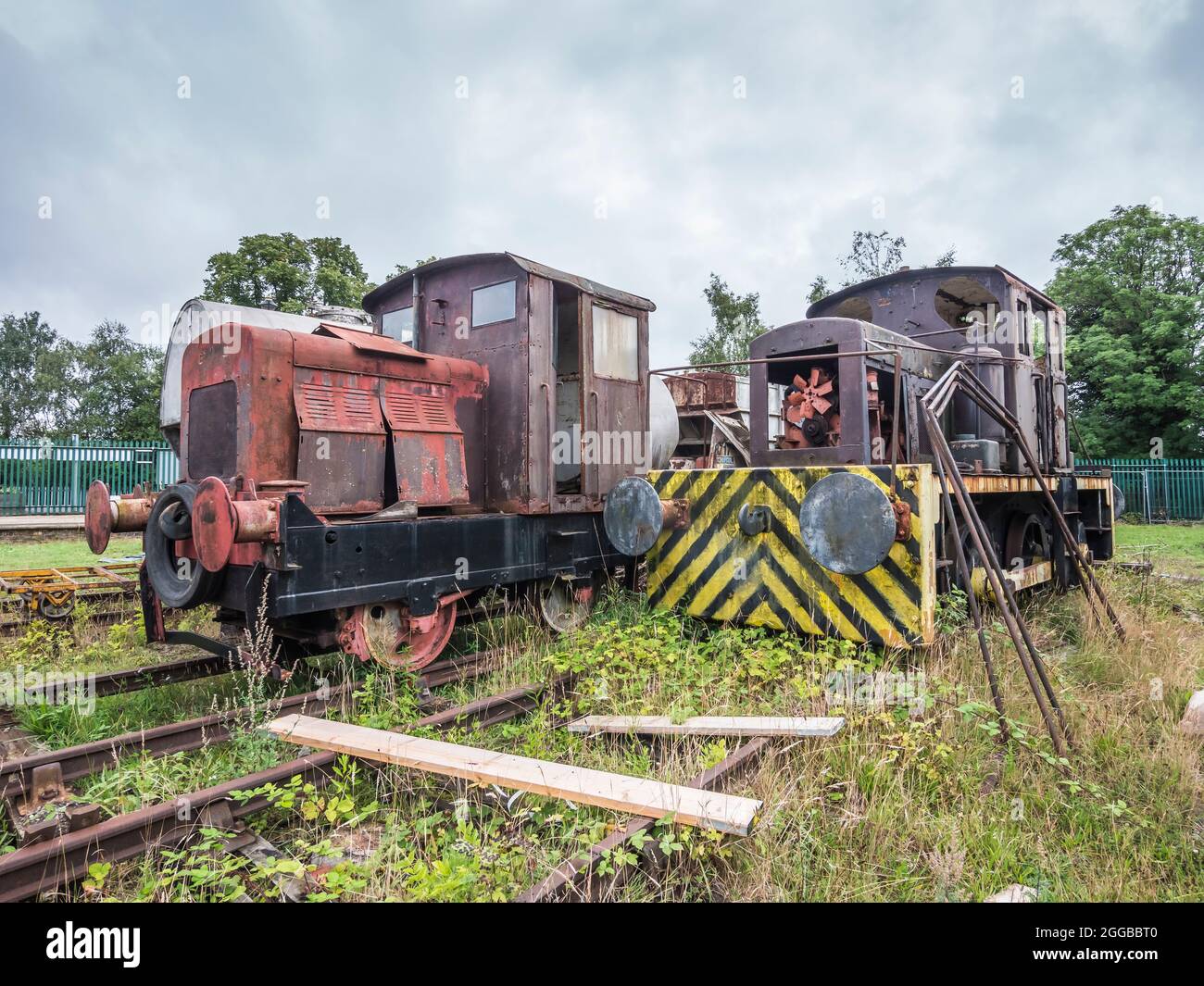 The image is of various abandoned railway engines and relics at the Darlington Head of Steam Museum workshops Stock Photo