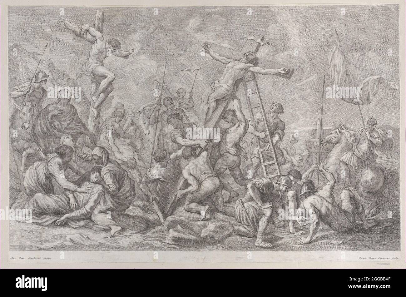 The Crucifixion, with the lowering of the cross at center, soldiers throughout, and a thief on a cross at left, 1762. Stock Photo