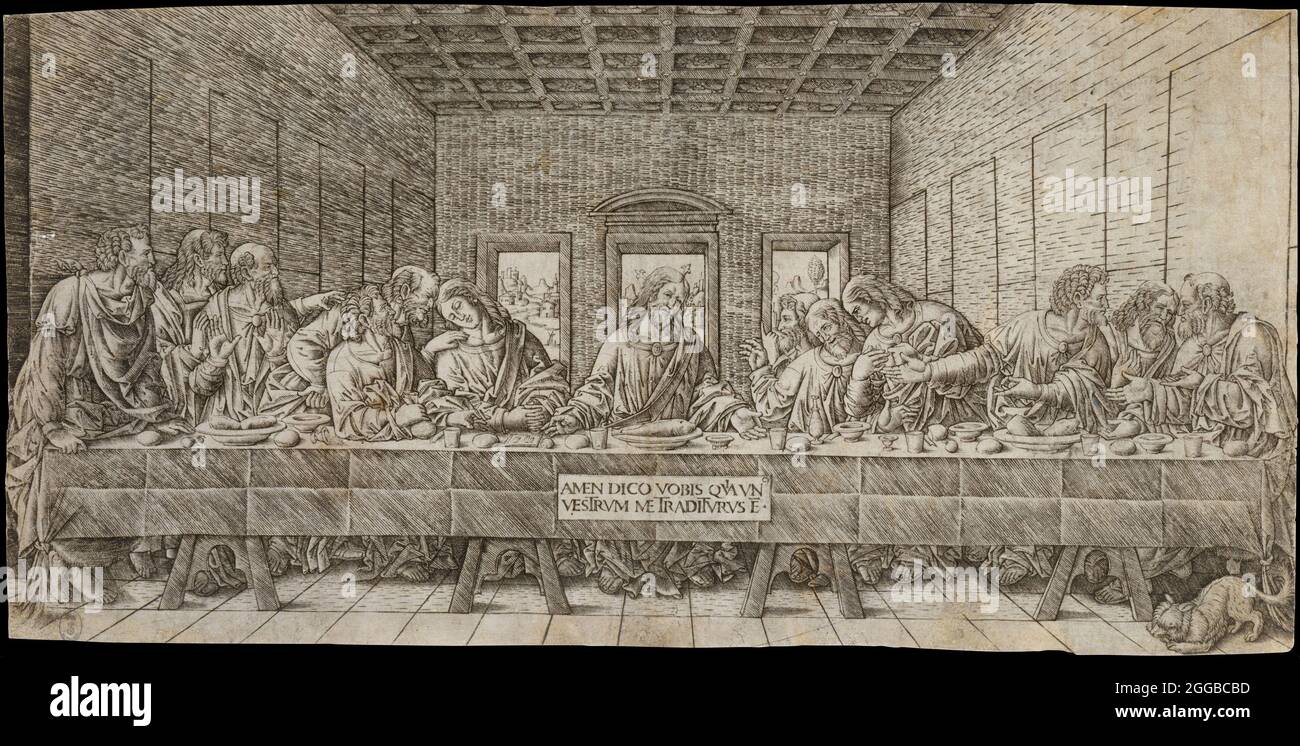 The Last Supper, with a Spaniel, ca. 1500. [Amen dico vobis quia un vestrum me traditurus e - Verily I say unto you, that one among you will betray me]. Attributed to Giovanni Pietro da Birago. Stock Photo