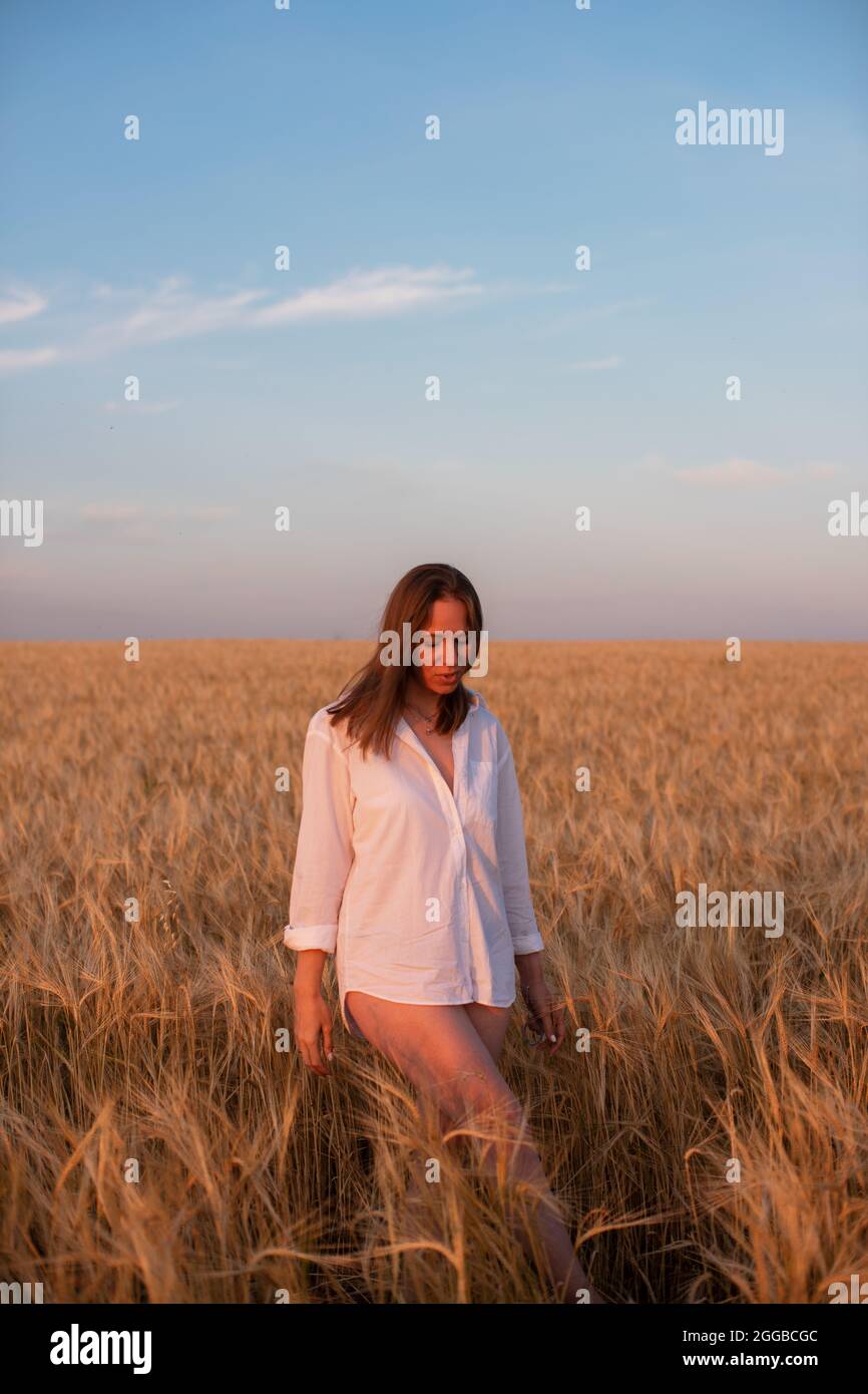 Aerial view of woman lying in the yellow field of wheat Stock Photo - Alamy