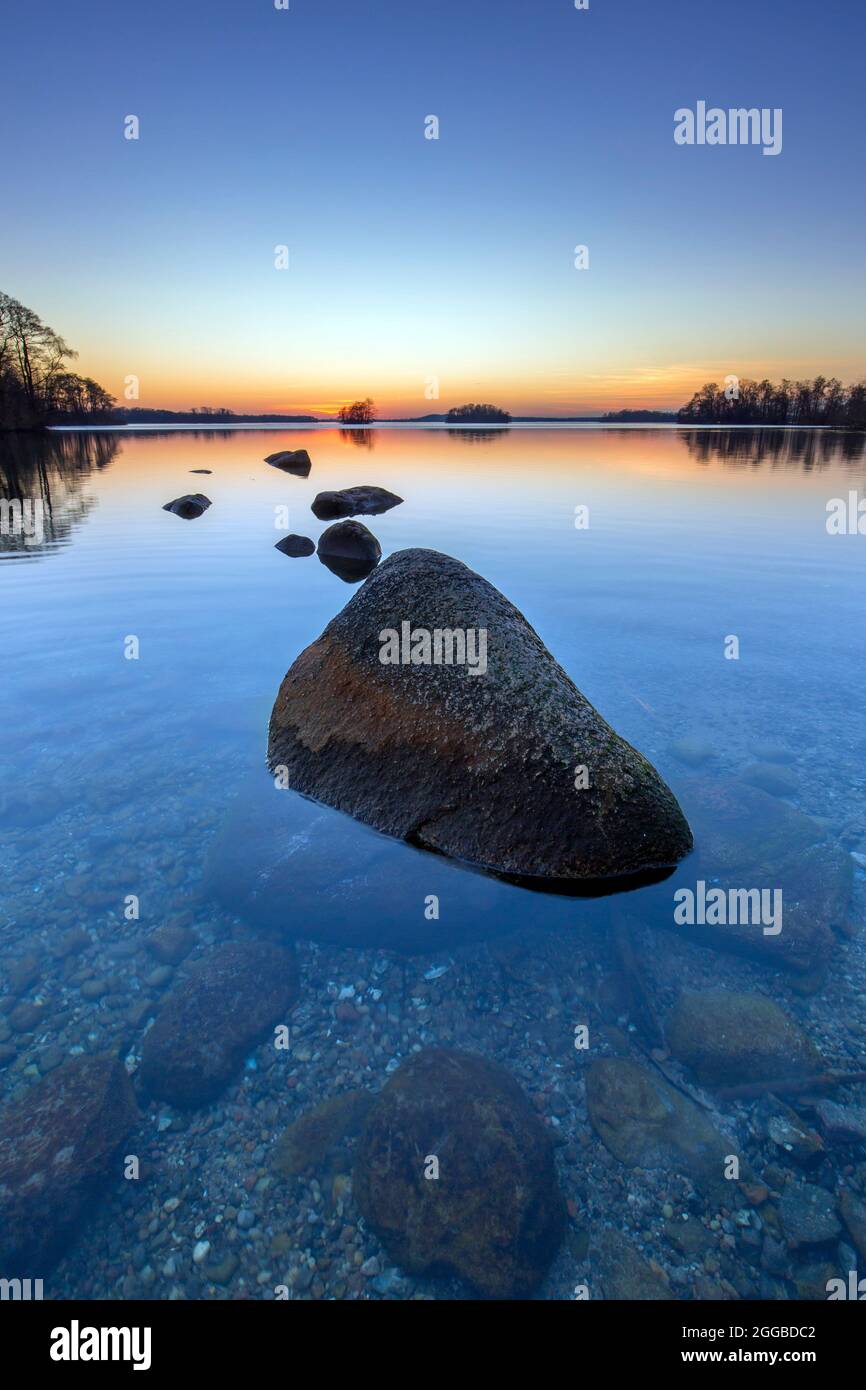 Großer Plöner See / Great Plön Lake / Lake Plön / Grosser Ploener See at sunset in winter, Schleswig-Holstein, Germany Stock Photo