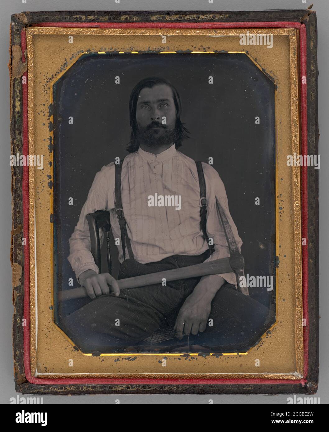 Untitled (Portrait of a Man Holding a Pick-Axe), 1851. A work made of daguerreotype. Stock Photo