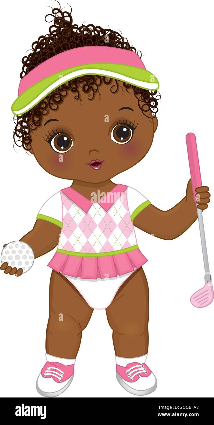 Vector Cute African American Baby Girl Holding Golf Club and Ball