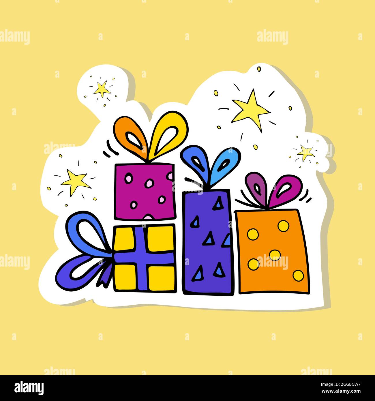 Hand drawn illustration with bright presents, with gifts and stars. for sticker, print, poster, card design.  Stock Vector