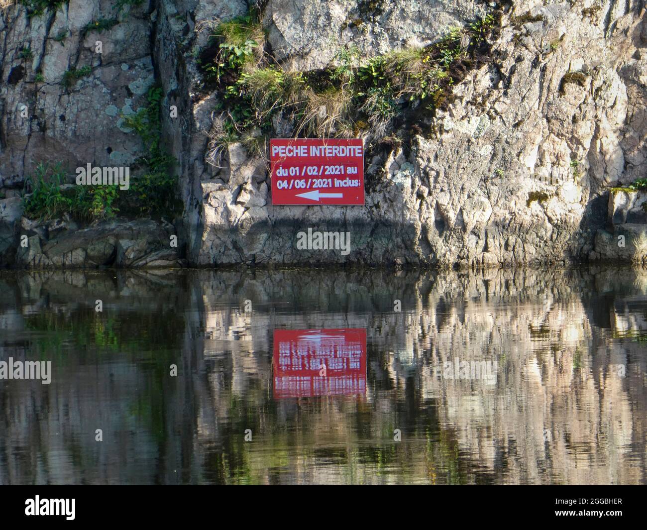 'Peche Interdite' (it is forbidden to fish) sign on Loire river in France Stock Photo