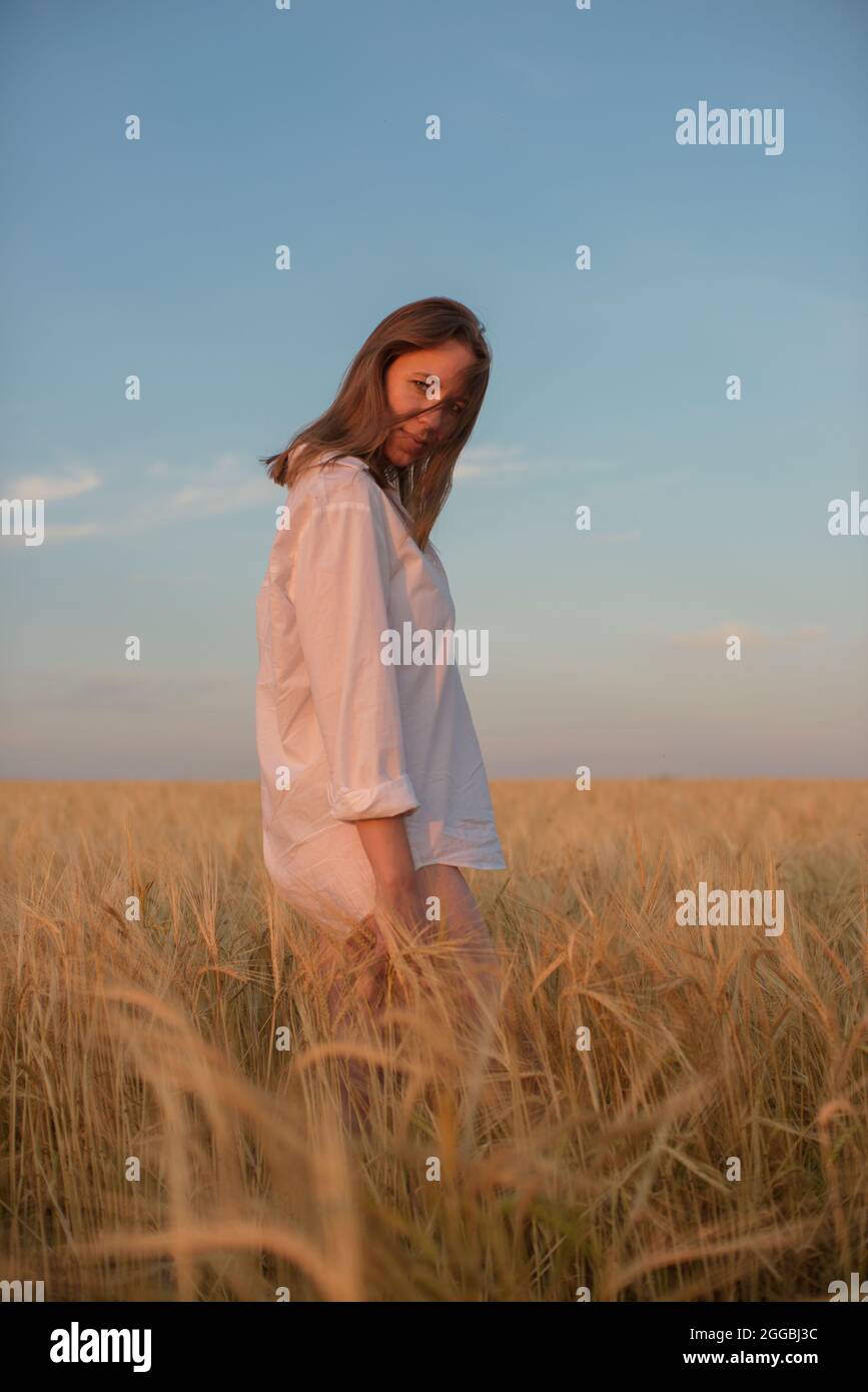 Aerial view of woman lying in the yellow field of wheat Stock Photo - Alamy