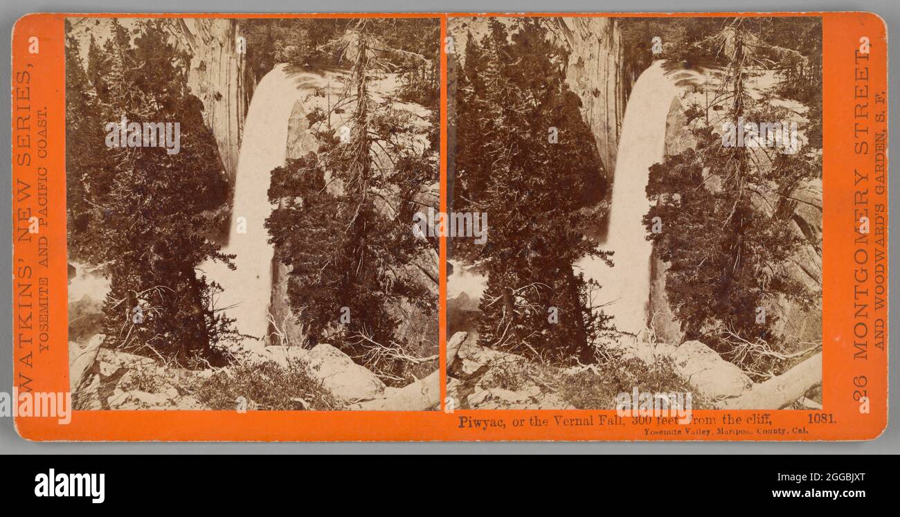 Piwyac, or the Vernal Fall, 300 feet from the cliff, Yosemite Valley, Mariposa County, Cal., 1878/81. Albumen print, stereo, no. 1081 from the series &quot;Watkins' New Series&quot;. Stock Photo