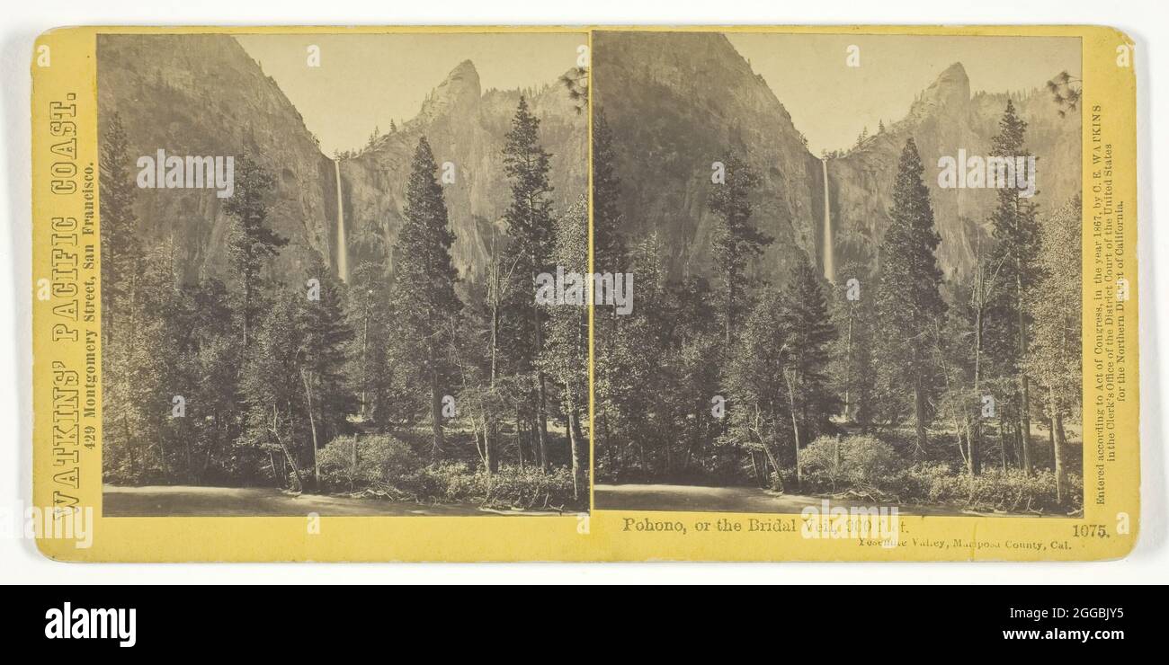 Pohono, or the Bridal Veil, 900 feet, Yosemite Valley, Mariposa County, Cal., 1867. Albumen print, stereo, no. 1075 from the series &quot;Watkins' Pacific Coast&quot;. Stock Photo