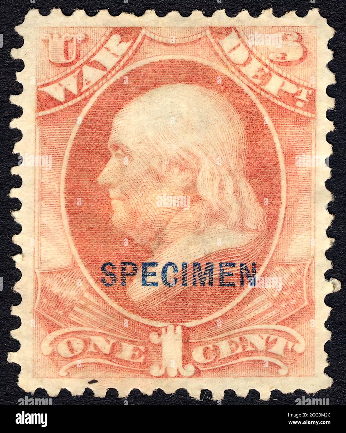 1c Franklin War Department special printing single, 1875. In 1875, Post Office Department officials decided to exhibit samples of all previously issued stamps at the Centennial Exposition in Philadelphia the following year. Since this required a special printing, the department ordered extra copies for sale to stamp collectors. Stock Photo