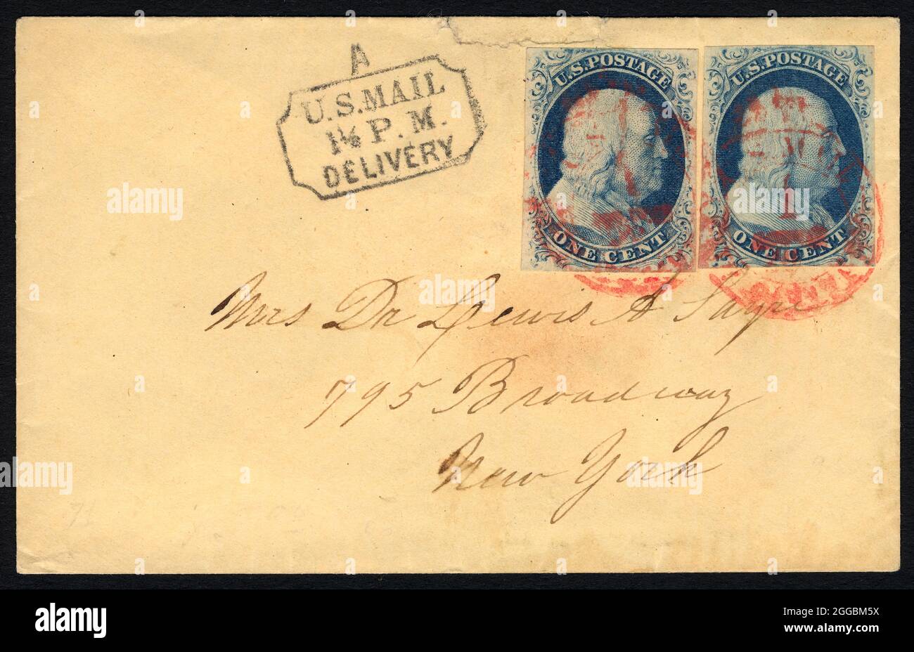 New York Carrier cancel cover, c. 1855. Two single 1c blue Franklin stamps, both type II, tied on cover by red New York carrier cancel; also stamped with a black New York &quot;US mail, 1 1/2 PM, delivery&quot; handstamp. Stock Photo