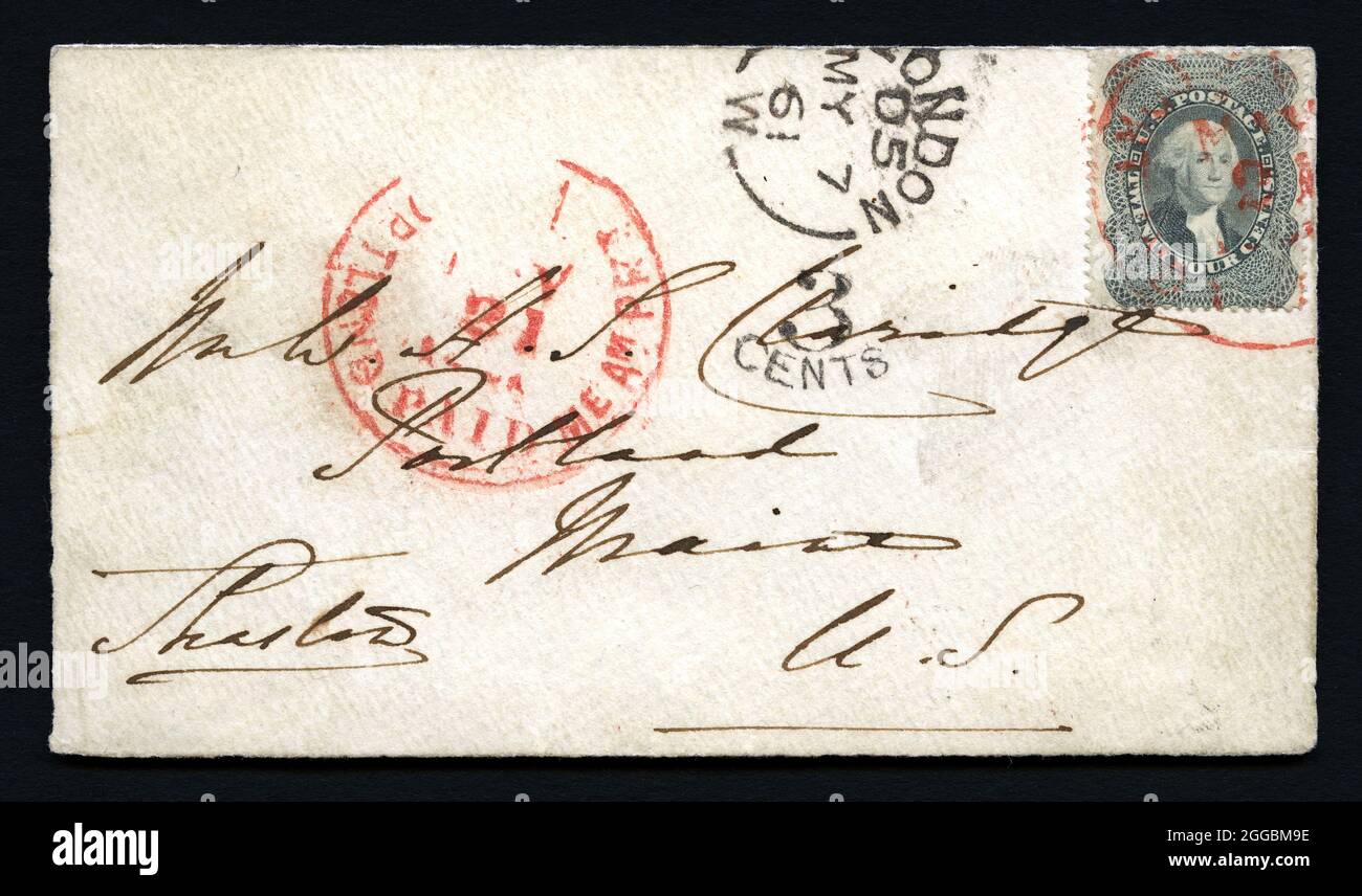 24c Washington used abroad at London on cover, 1861. This cover is said to be addressed in Charles Dickens' handwriting. The U. S. Stamp was apparently sent to Dickens in England to ensure a reply. He put the stamp on his reply and it was canceled upon arrival in Portland, Maine. Stock Photo