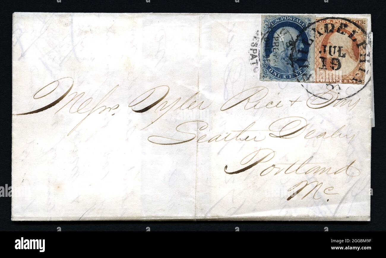 1c Franklin and 3c Washington with USPO Despatch carrier cancel on cover, c. 1851. Both stamps cancelled with a Philadelphia cds; the 1c also cancelled with a USPO Despatch carrier cancel. Stock Photo