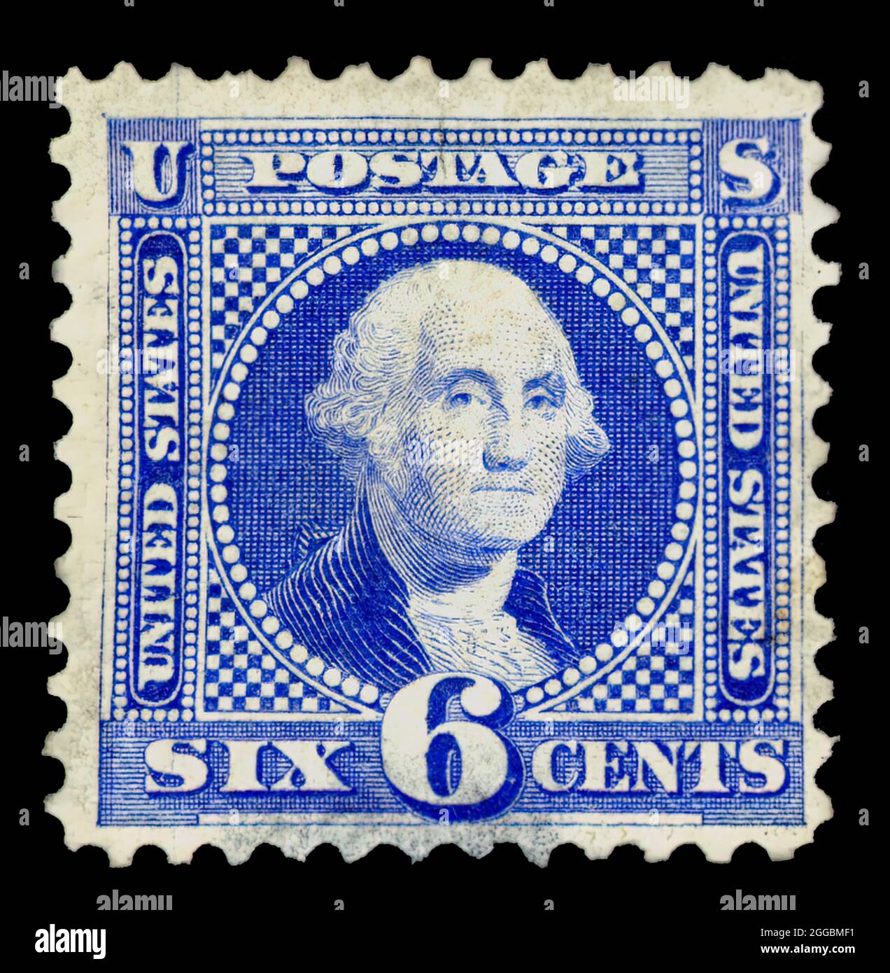 6c Washington re-issue single, 1875. Unused; perf 12; re-issue of 1869; without grill;In 1875, Post Office Department officials decided to exhibit samples of all previously issued stamps at the Centennial Exposition in Philadelphia the following year. Since this required a special printing, the department ordered extra copies for sale to stamp collectors. Stock Photo