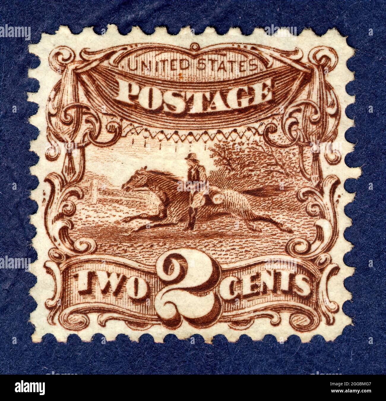 2c Post Rider and Horse G Grill single, 1869. Unused; perf 12. Stock Photo