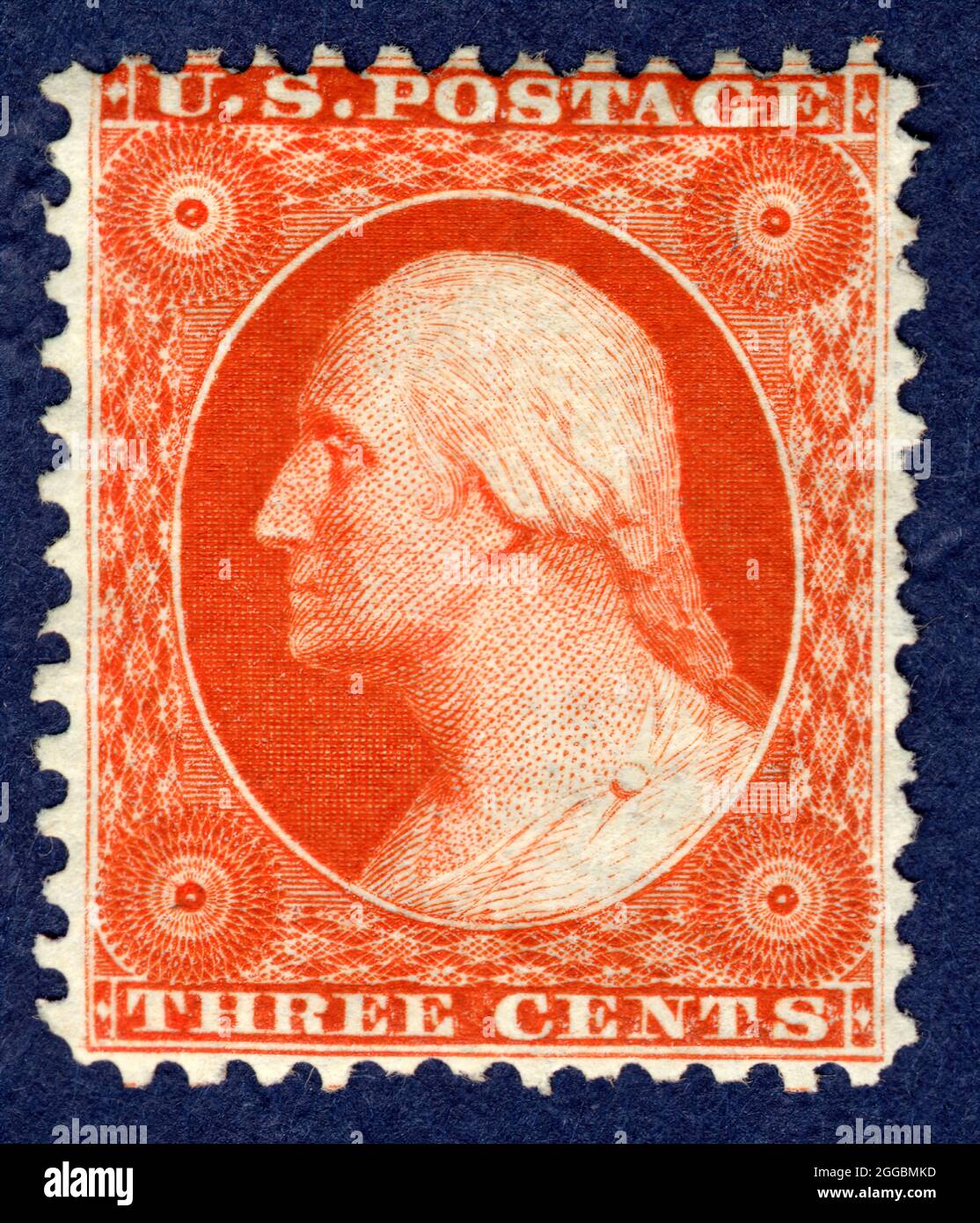 3c Washington reprint single, 1875. Unused;In 1875, Post Office Department officials decided to exhibit samples of all previously issued stamps at the Centennial Exposition in Philadelphia the following year. Since this required a special printing, the department ordered extra copies for sale to stamp collectors. Stock Photo