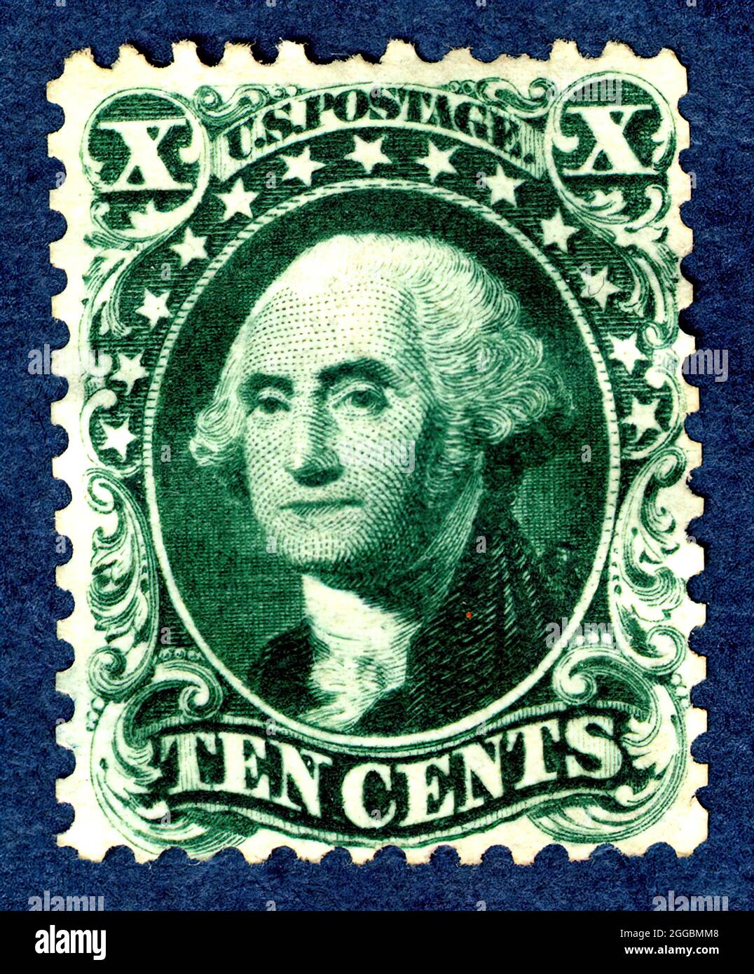 10c Washington reprint single, 1875. Unused;In 1875, Post Office Department officials decided to exhibit samples of all previously issued stamps at the Centennial Exposition in Philadelphia the following year. Since this required a special printing, the department ordered extra copies for sale to stamp collectors. Stock Photo